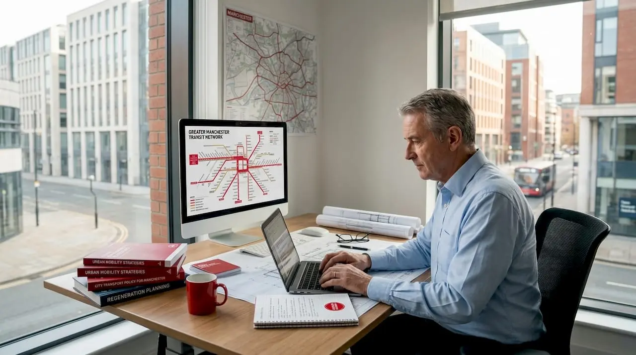 Urban planner at desk with city transport maps