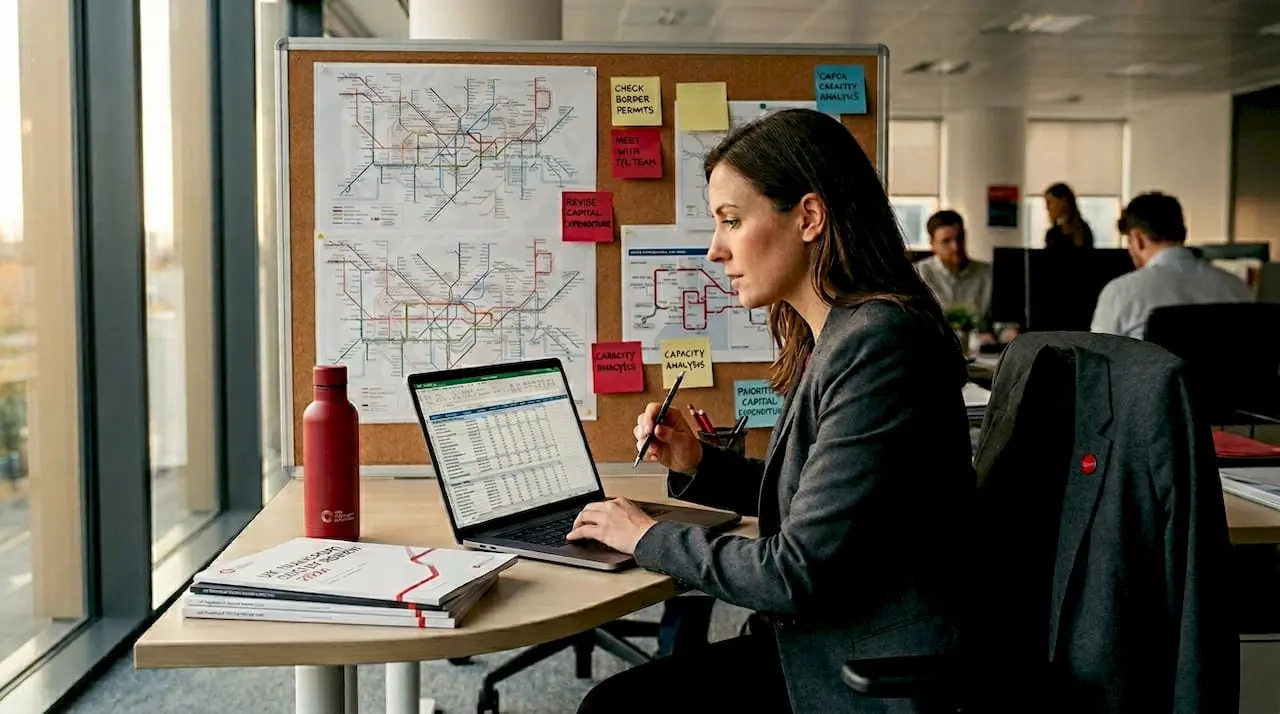 Transport planner working at busy desk
