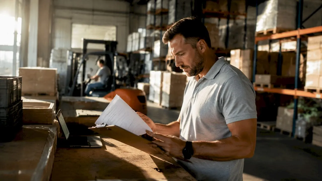 Logistics manager reviewing shipment manifests in warehouse office